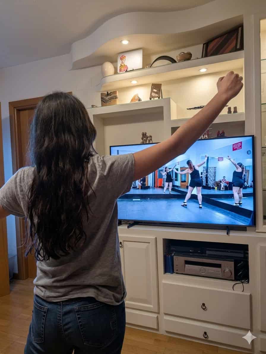 Bailarina joven practicando danza en casa frente a televisión con instructora en pantalla.