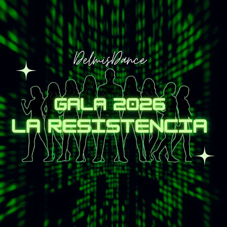 Grupo de bailarines en escenario con luces verdes y fondo digital.
