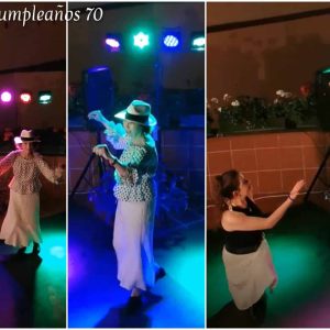 Bailarina en escenario con luces de fiesta en Delmis Dance Studio, celebrando cumpleaños con baile y.